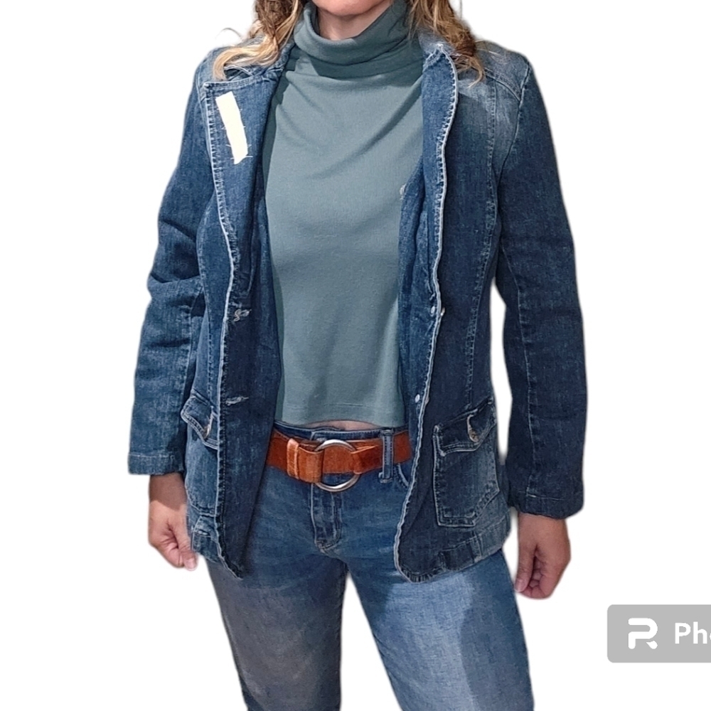 CK Jean Jacket redesigned with velvet accents & skeleton ribcage/flower patch